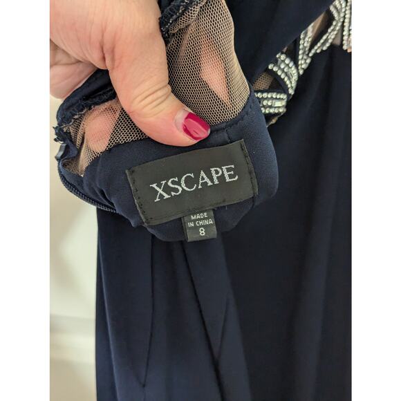XSCAPE Crystal Embellished Halter Cut Out Dress Navy Blue Womens 8 Prom Formal - Picture 4 of 5